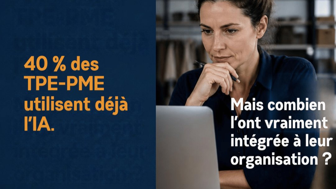 « 40 % des TPE-PME utilisent déjà l’IA. Mais combien l’ont vraiment intégrée à leur organisation ? », à côté d’une femme pensive devant son ordinateur.